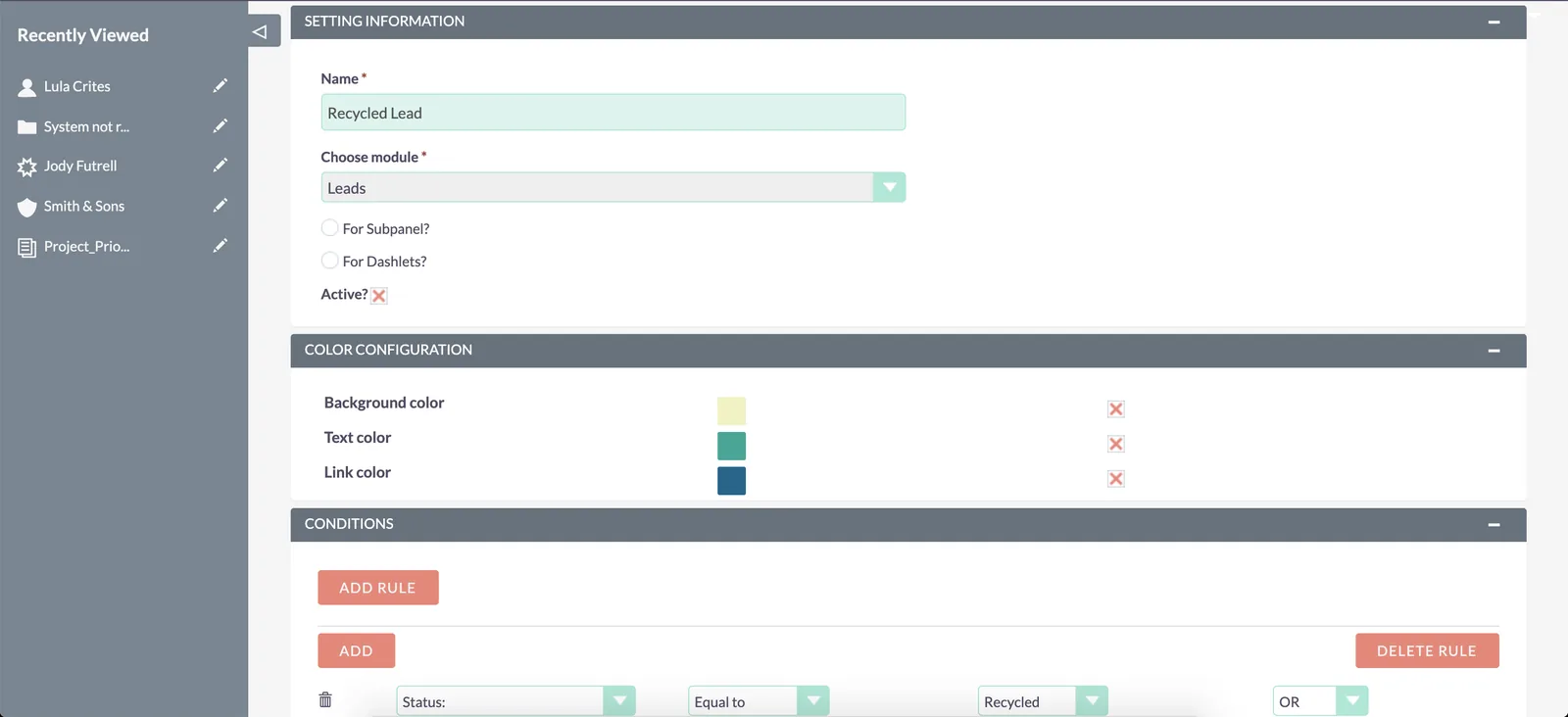 Configuring modules, colors and matching conditions