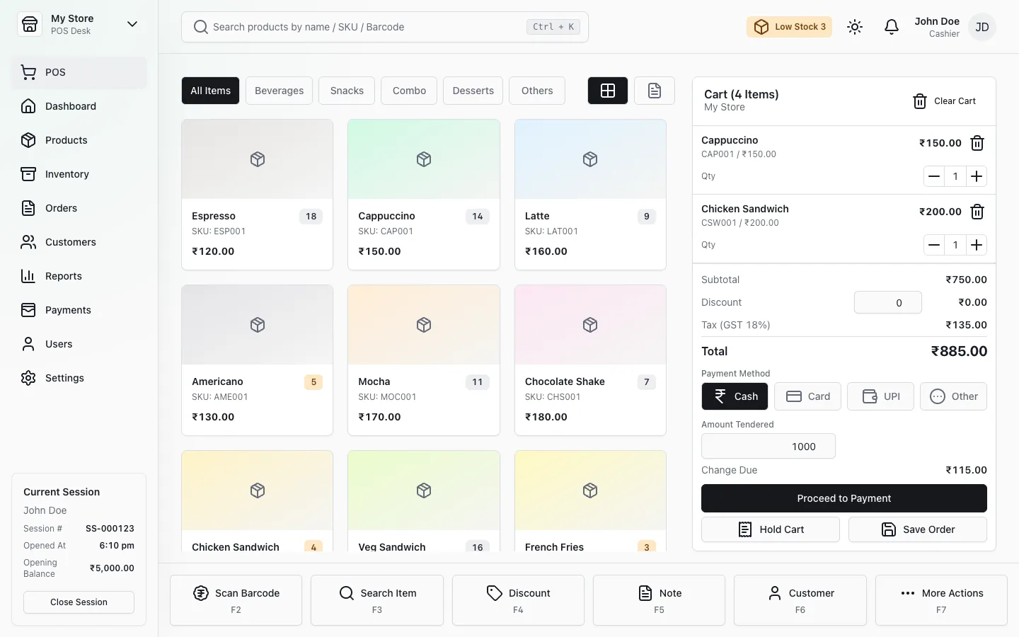 SparkPOS checkout screen with a product grid and a cart, using demo data