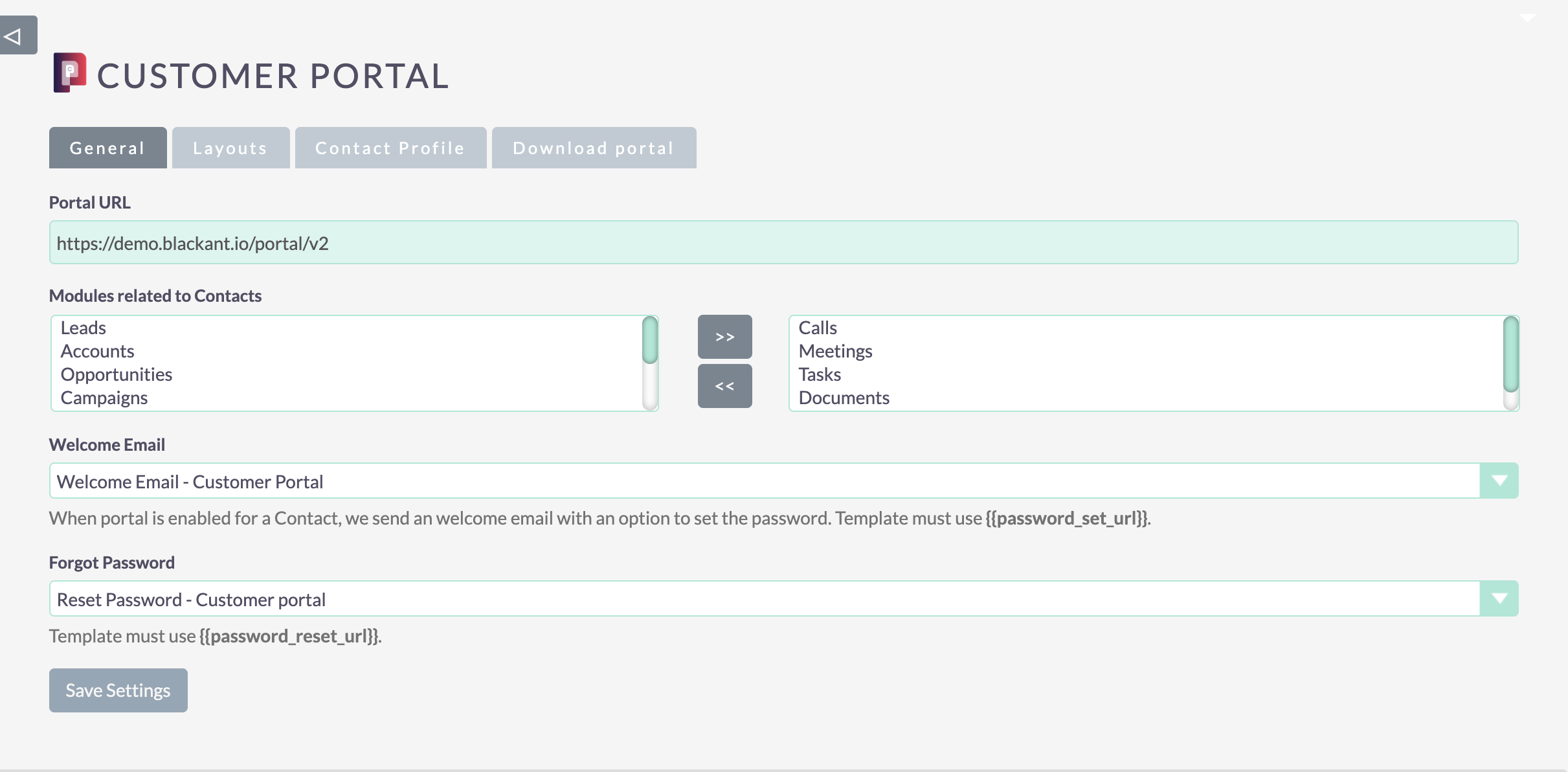 Customer portal for SuiteCRM - Settings page