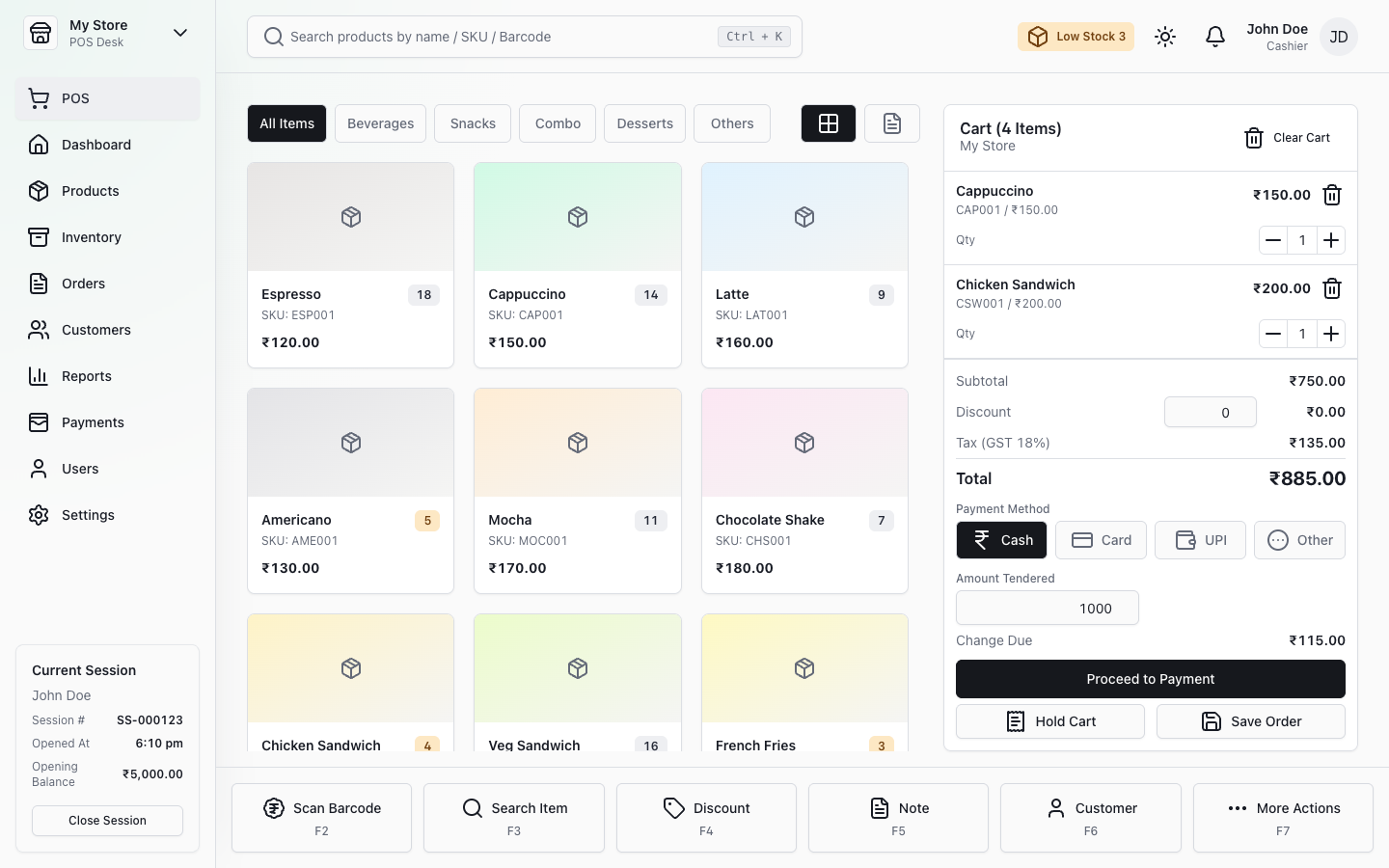 SparkPOS point-of-sale interface showing demo products and a cart
